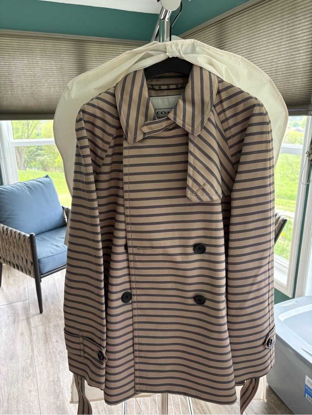 Coach Striped Double-Breasted Trench Coat - Tan & Navy